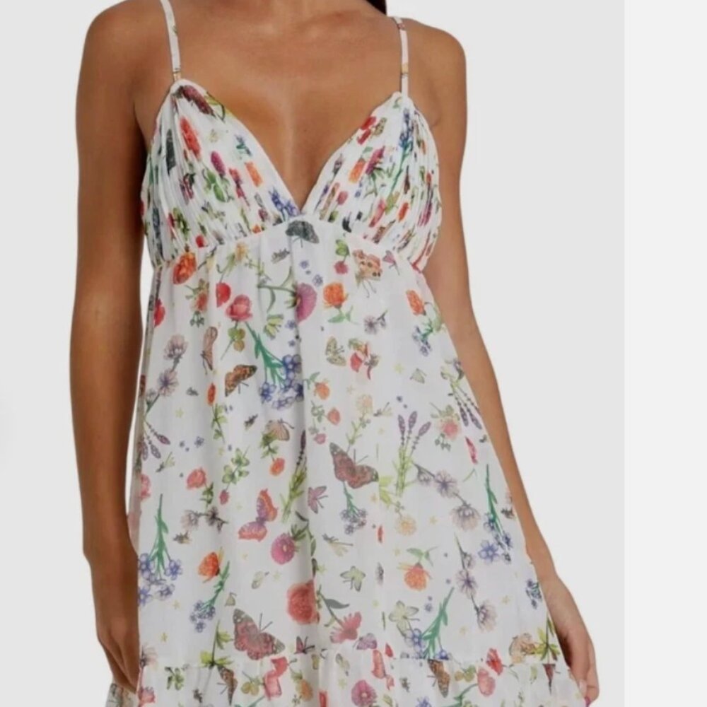 NWT Mac Duggal White Butterfly Print Ruffle Hem Mini Dress Sz 8 V-Neck Chiffon